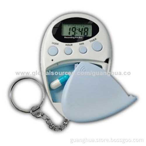 Pill box with lanyard, comes with time display, 5 daily alarm, timer and voice recording function